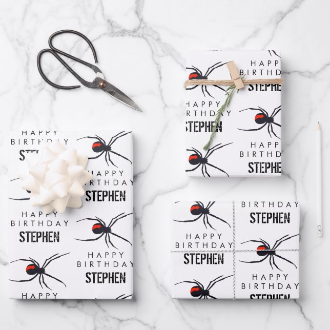 Red & Black Spider Birthday Party Theme & Name Wrapping Paper Sheet (Front)