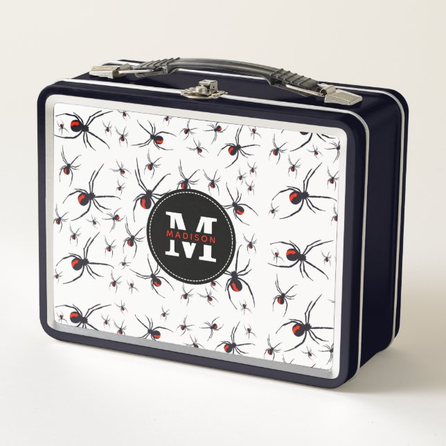 Red & Black Spider Pattern Monogrammed  Metal Lunch Box (Front)