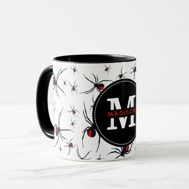Red & Black Spider Pattern Monogrammed  Mug (Front Left)