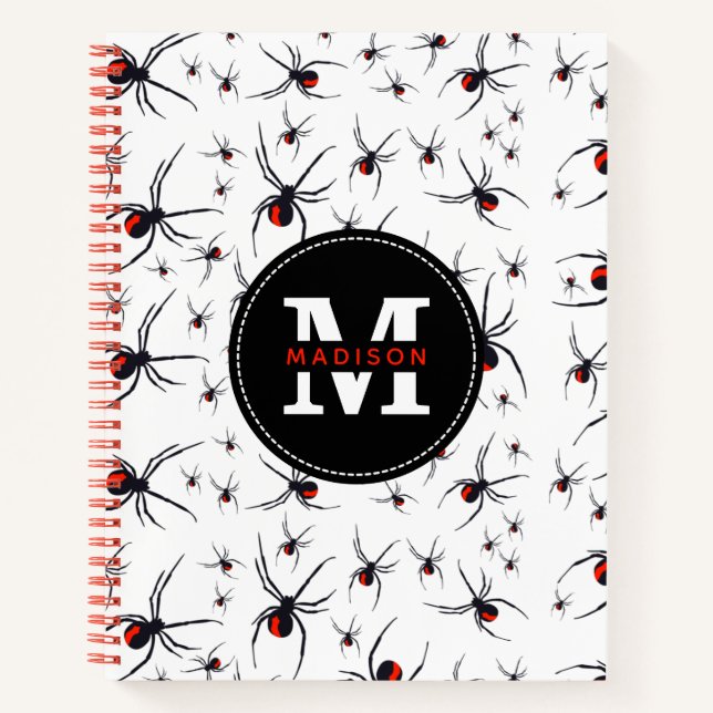 Red & Black Spider Pattern Monogrammed School Notebook (Front)