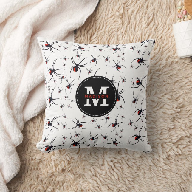 Red & Black Spider Pattern Monogrammed Throw Pillow (Blanket)