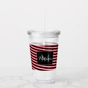Red Black Spiral Ribbon Stripes Monogram Custom Acrylic Tumbler