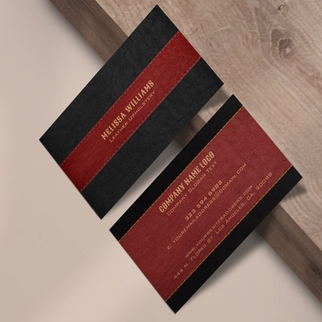 Red & Black Stitched Leather Texture Business Ca Business Card (Creator Uploaded)