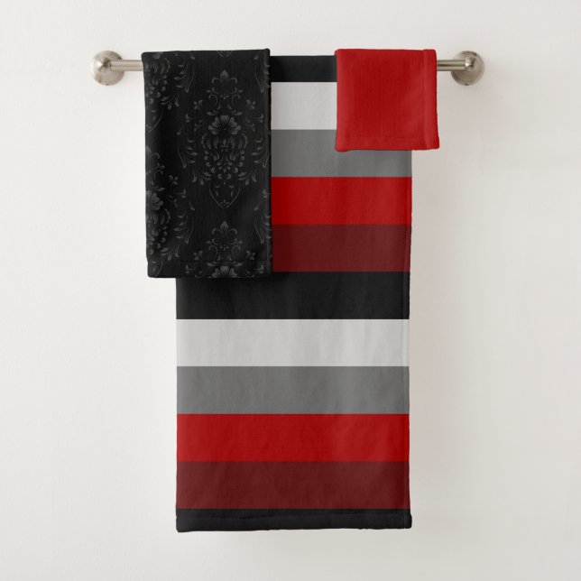 Red Black Stripes and Black Damask Bath Towel Set (Insitu)