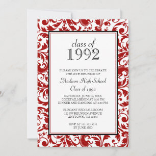 Red Black Swirl Damask Class Reunion Invitations