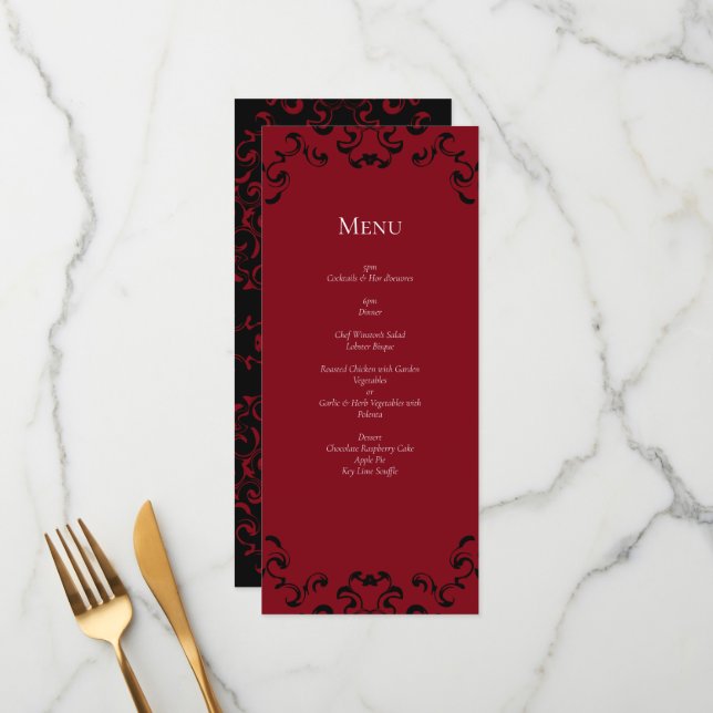Red & Black Swirl Gothic Wedding Menu (Front/Back In Situ)