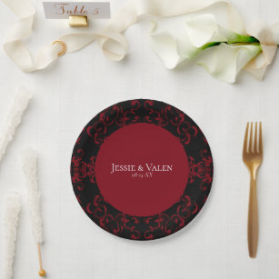 Red & Black Swirl Gothic Wedding Paper Plate
