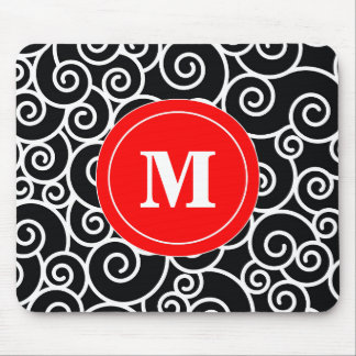 Red Black Swirl Monogram Mouse Pad. Pad