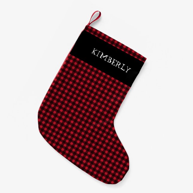 Red Black Tartan Buffalo Plaid Name Personalized Small Christmas Stocking (Front (Hanging))