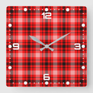 Red Black Tartan Chequered Plaid Pattern Square Wall Clock