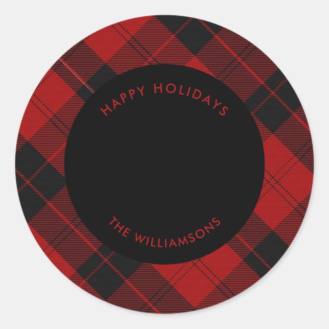Red Black Tartan Custom Name Message Classic Round Sticker (Front)