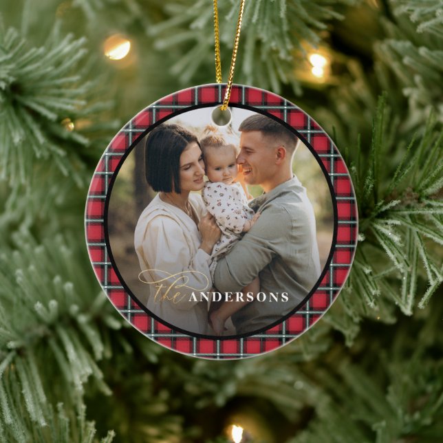 Red black tartan photo personalized christmas ceramic ornament (Tree)