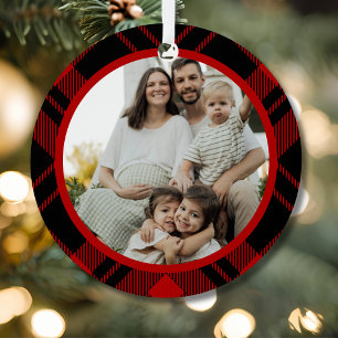 Red Black Tartan Plaid Family Photo Ornament