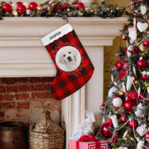 Red Black Tartan Plaid Winter Wreath Pet Dog Photo Small Christmas Stocking