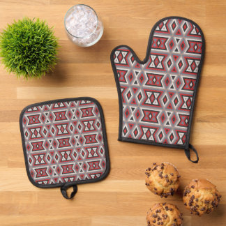 Red Black Taupe Beige Grey Tribal Art Pattern Oven Mitt & Pot Holder Set
