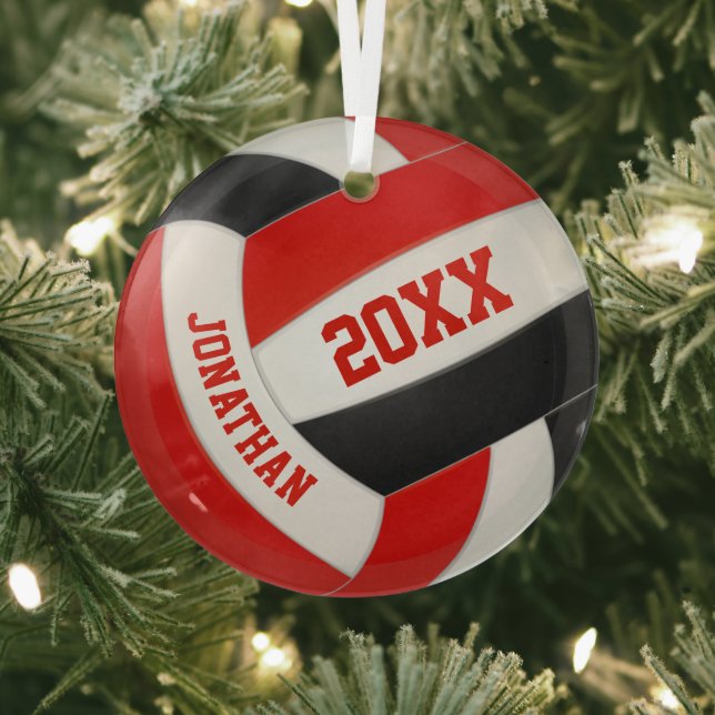 red black team colours boys girls volleyball glass ornament (Insitu)