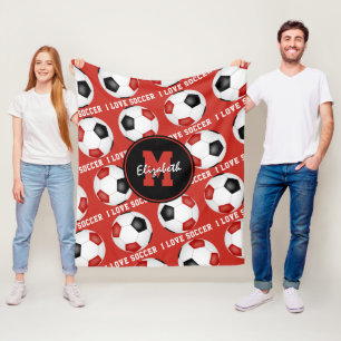 Red black team colours I love soccer text pattern Fleece Blanket