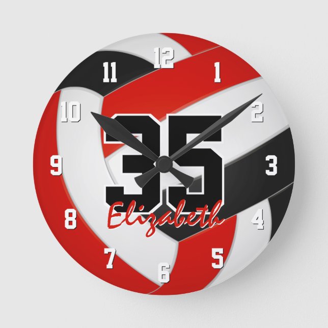 red black team colours players name volleyball round clock (Front)