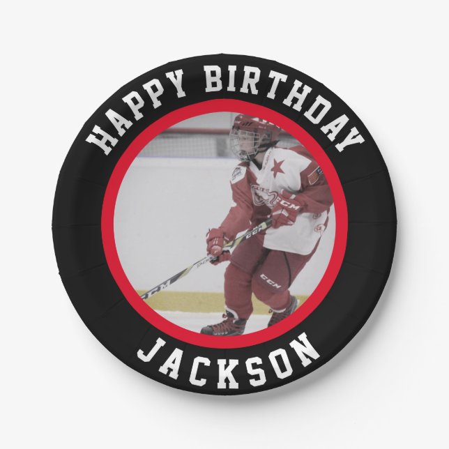 Red black Team Ice Hockey Birthday Party Paper Plate (Front)