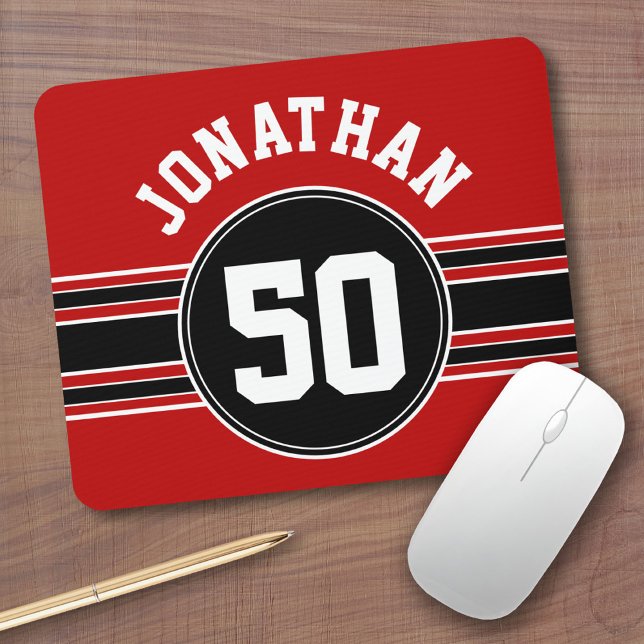 Red Black Team Jersey Fan Gear Name Number Mouse Pad (Sports Theme Mouse Pad - Personalize with your name)