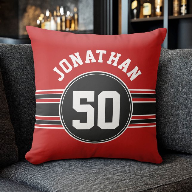 Red Black Team Jersey Fan Gear Name Number Throw Pillow (Custom Sporty Pillow)