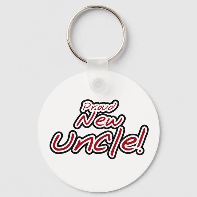 Red/Black Text Proud New Uncle Keychain (Front)