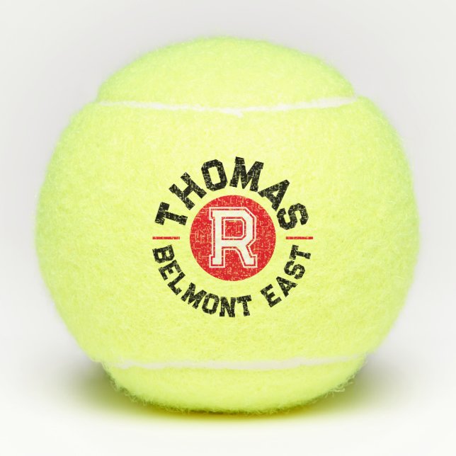 Red black text sport custom monogram name and team tennis balls (Front)
