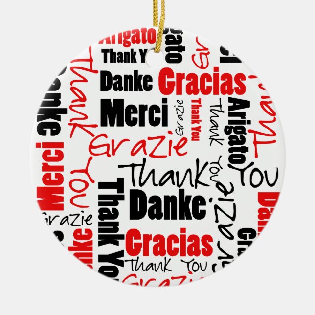 Red Black Thank You Word Cloud Ceramic Ornament (Front)