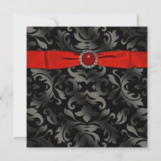 Red Black Tie Black Damask Party Invitation (Front)