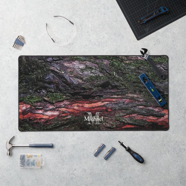 Red black tree mossy wood bark Monogram Desk Mat (Workstation)