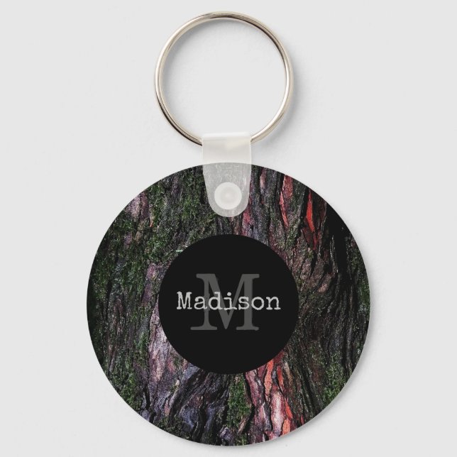 Red black tree mossy wood bark Monogram Keychain (Front)