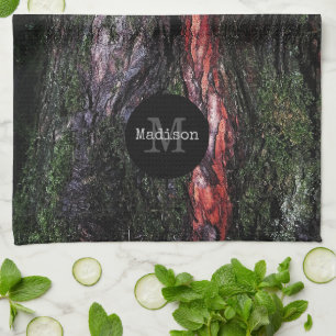Red black tree mossy wood bark Monogram Kitchen Towel
