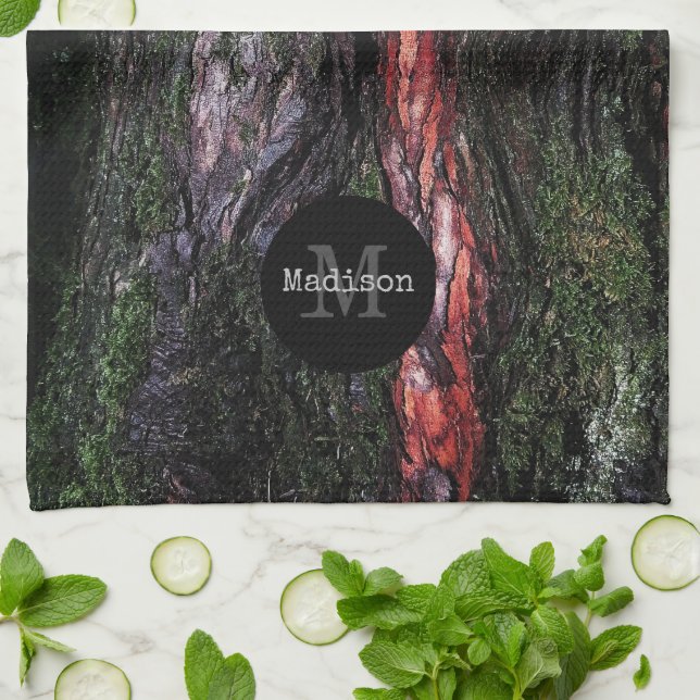 Red black tree mossy wood bark Monogram Kitchen Towel (Folded)