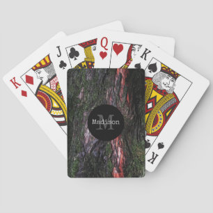 Red black tree mossy wood bark Monogram Playing Cards