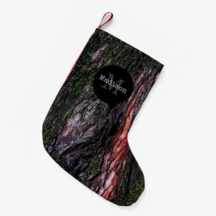 Red black tree mossy wood bark Monogram Small Christmas Stocking