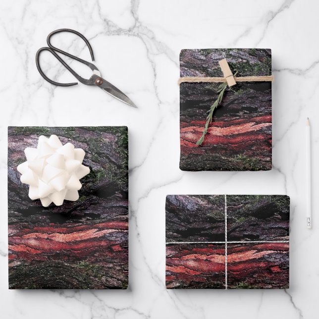 Red black tree mossy wood bark wrapping paper sheet (Front)
