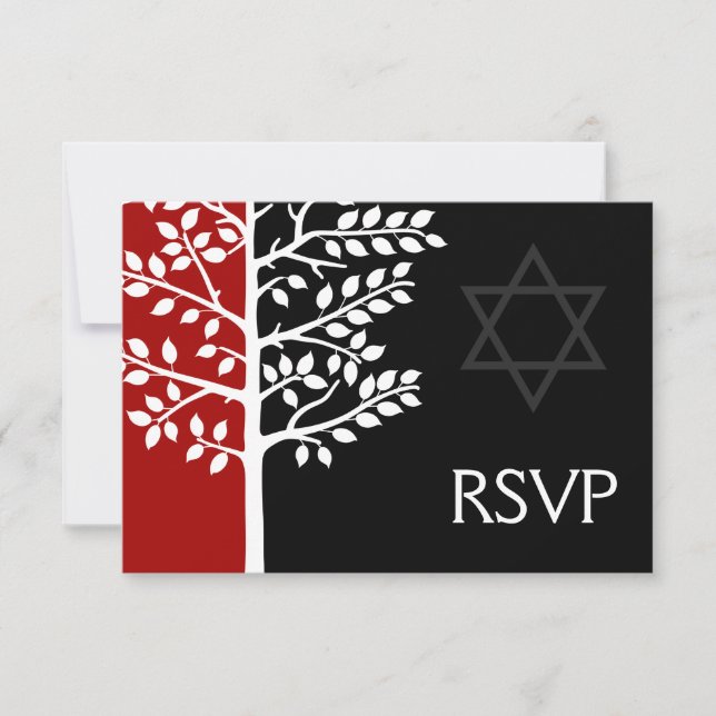 Red Black Tree of Life Bar Mitzvah RSVP (Front)