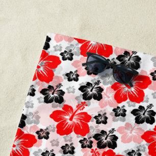Red Black Tropical Hibiscus Floral Print Beach Towel