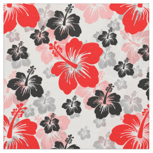 Red Black Tropical Hibiscus Floral Print Fabric