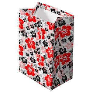 Red Black Tropical Hibiscus Floral Print  Medium Gift Bag