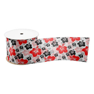 Red Black Tropical Hibiscus Floral Print  Satin Ribbon