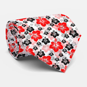 Red Black Tropical Hibiscus Floral Print Tie
