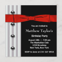 Red Black Tuxedo Bow Tie Mens Birthday Party Invit