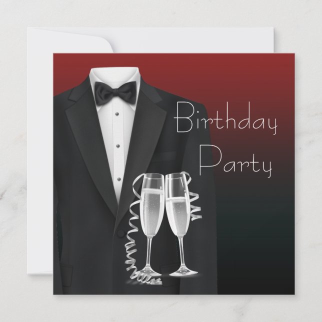 Red Black Tuxedo Mans Birthday Party Invitations (Front)