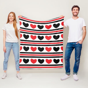 Red Black Valentines Day Hearts Stripes Pattern Fleece Blanket
