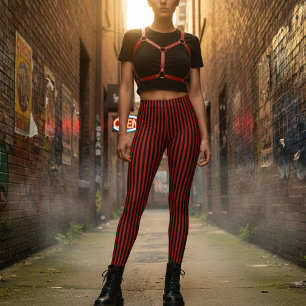 Red & Black Vertical Striped Leggings