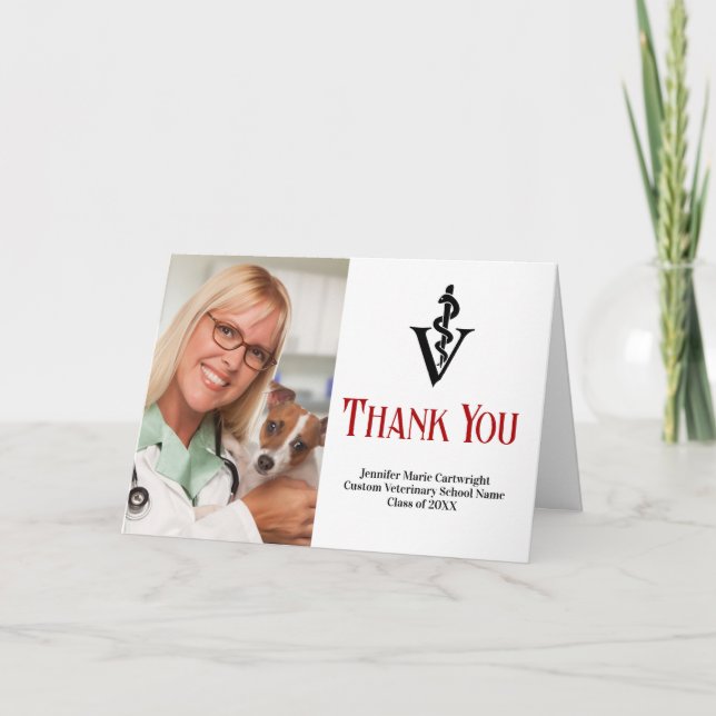 Red Black Veterinary School Graduation Photo Thank You Card (Front)