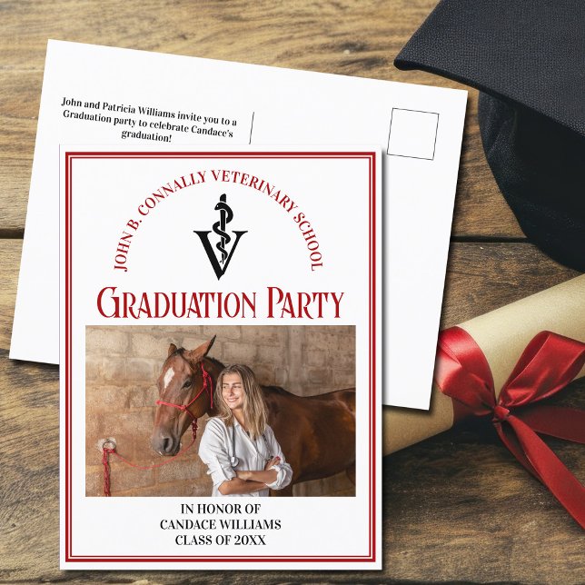 Red Black Veterinary School Photo Graduation Party Invitation Postcard (Creator Uploaded)