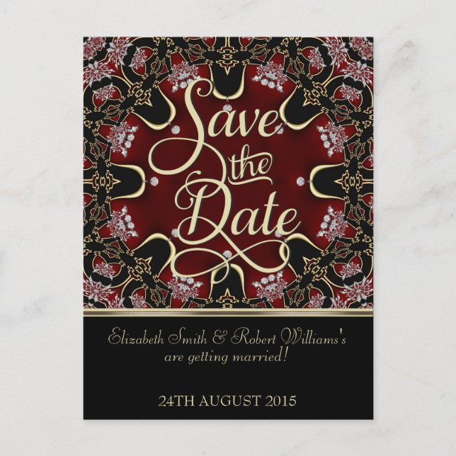 Red Black Vintage Bohemian Save the Date Postcard (Front)