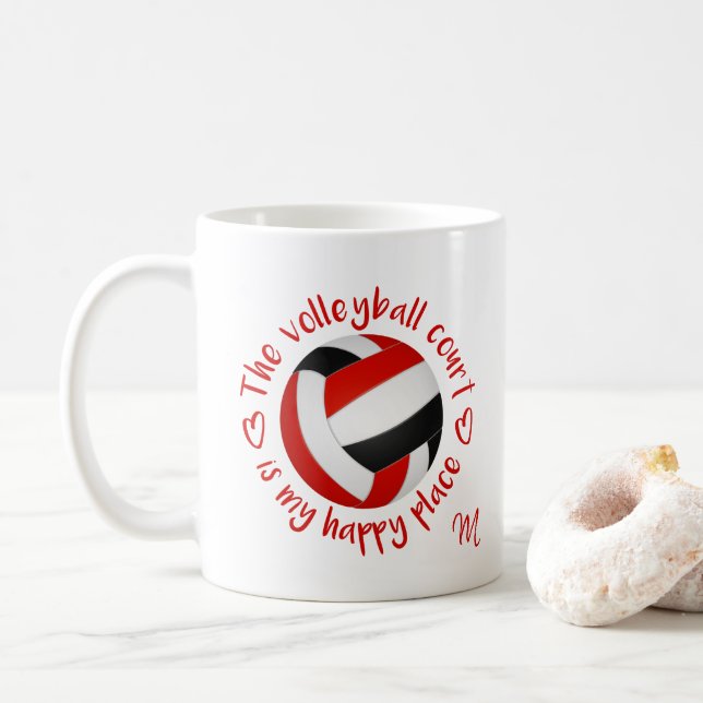 red black volleyball court is my happy place coffee mug (With Donut)